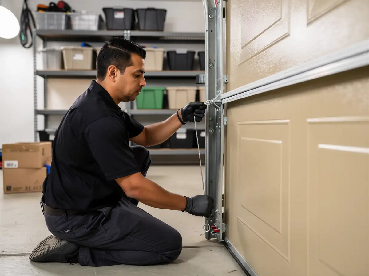A technician in black gloves kneels while working on a beige garage door.