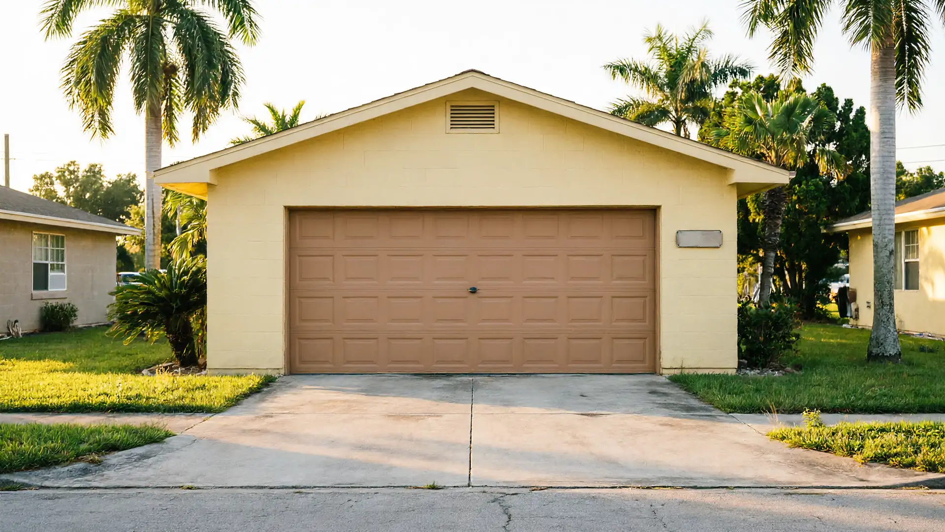 A light brown garage door on a yellow house with palm trees.