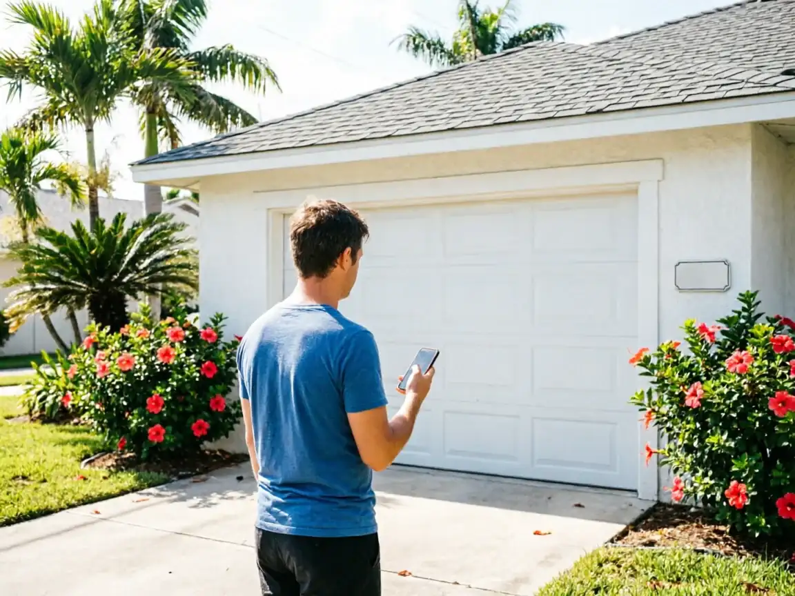 A man stands in a driveway, holding a phone and facing a white garage door.