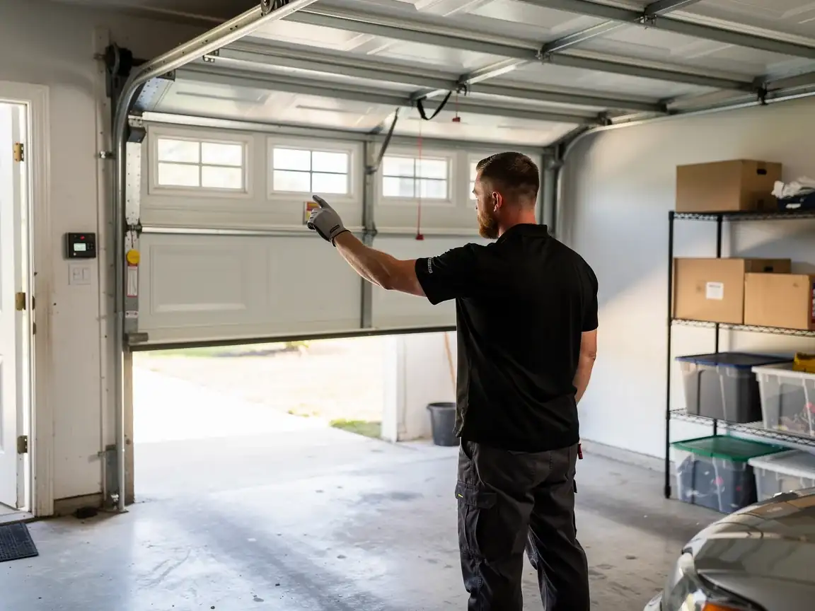 A technician points at an open white garage door with windows from inside a garage.