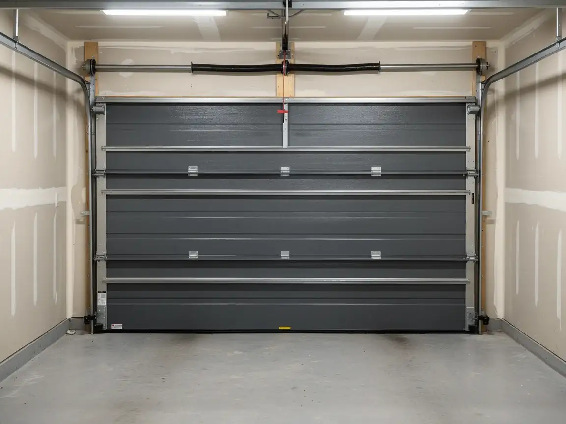 A closed gray garage door is visible from inside a garage.