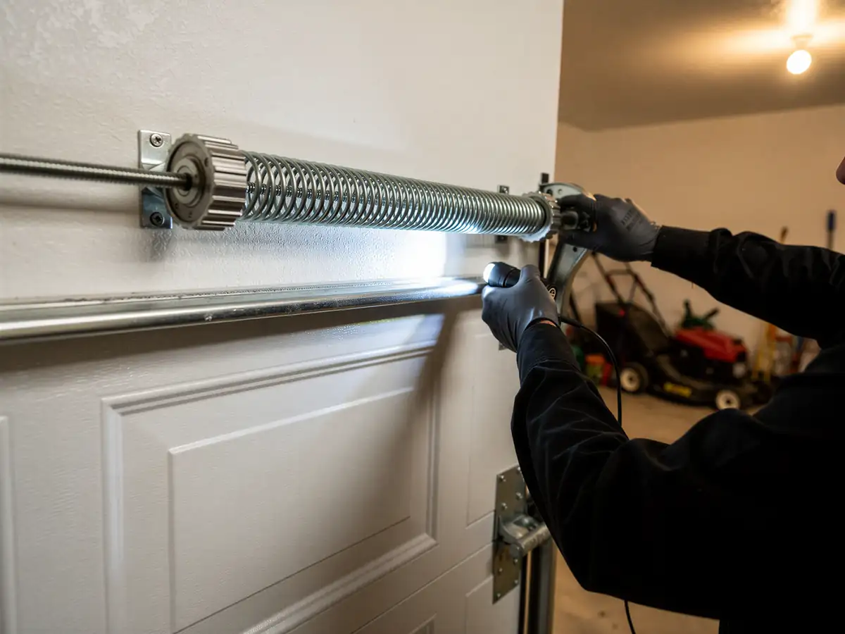 A technician in black gloves works on a garage door torsion spring.